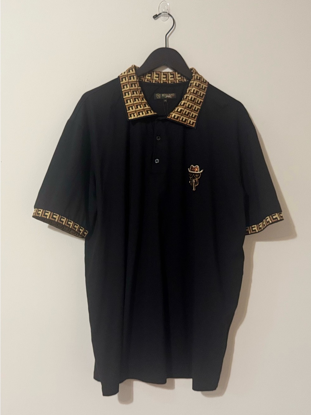 Black Polo Shirt with Gold Patterned Trim